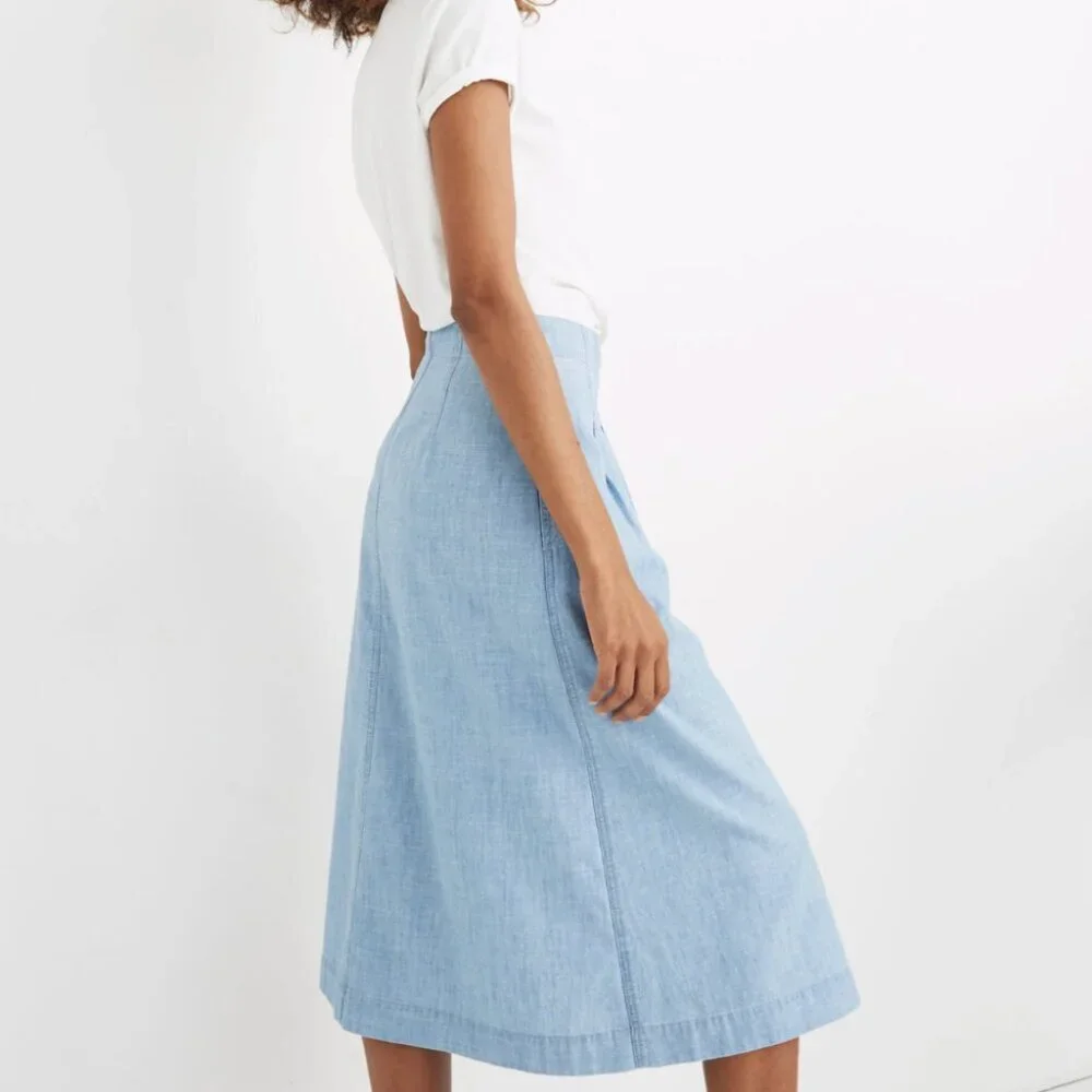 Madewell Chambray Patio Button-Front Midi Skirt Weatherly Wash Womens Sz 0 - Picture 2 of 8